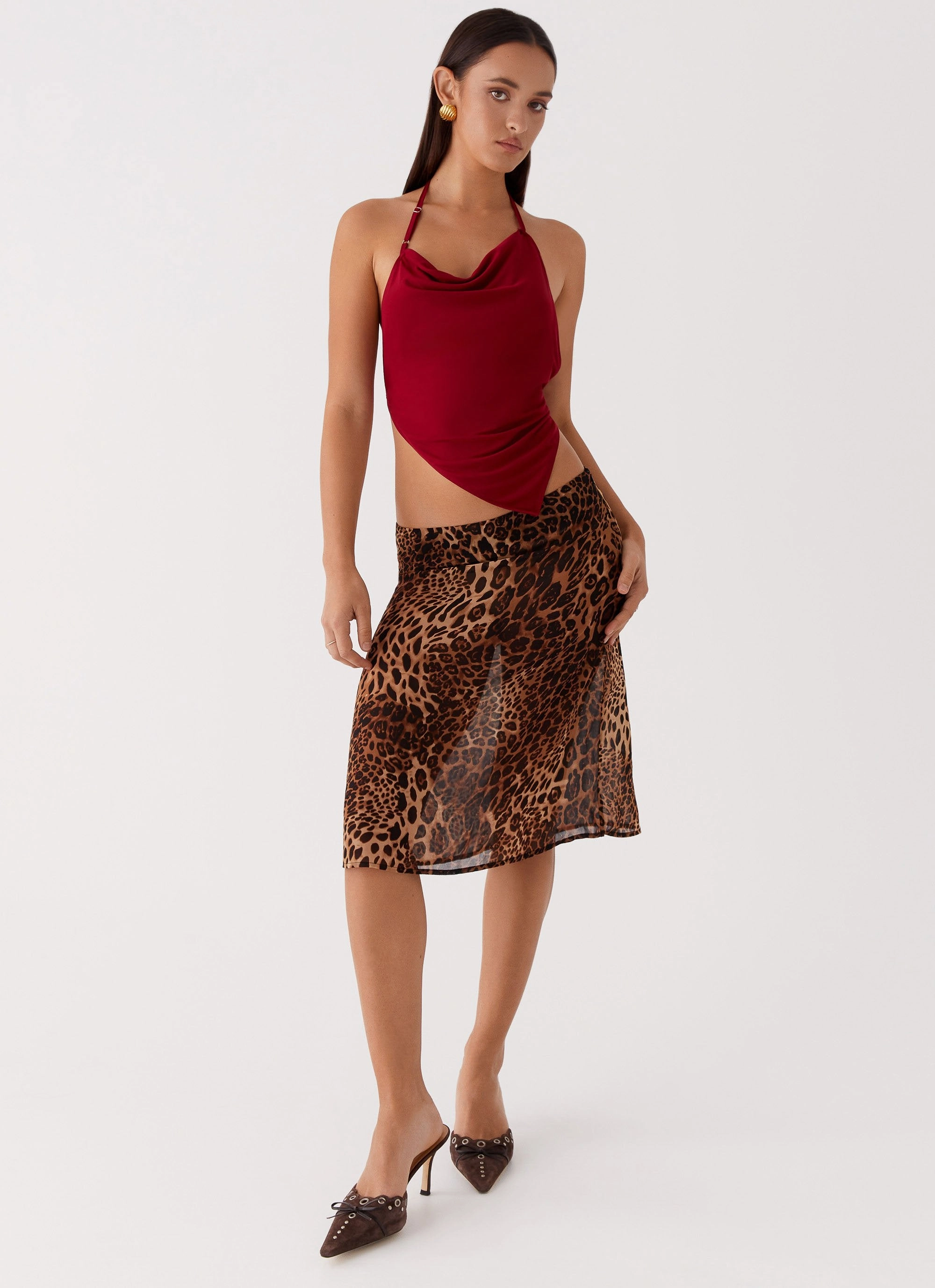 Adjustable loop Water-resistant Evoke Chiffon Midi Skirt - Leopard