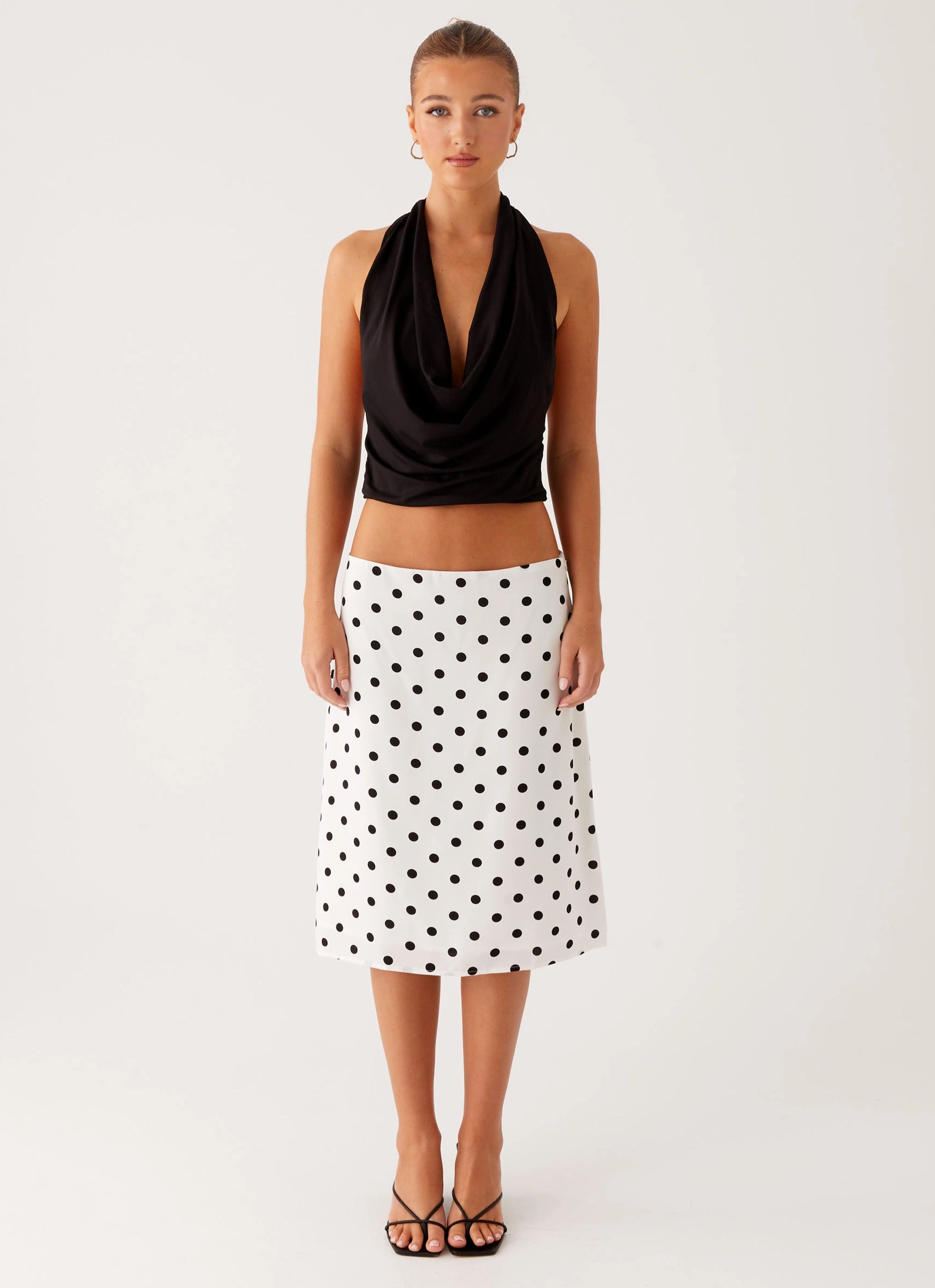 Light Waist Evoke Chiffon Midi Skirt - White Polka Dot