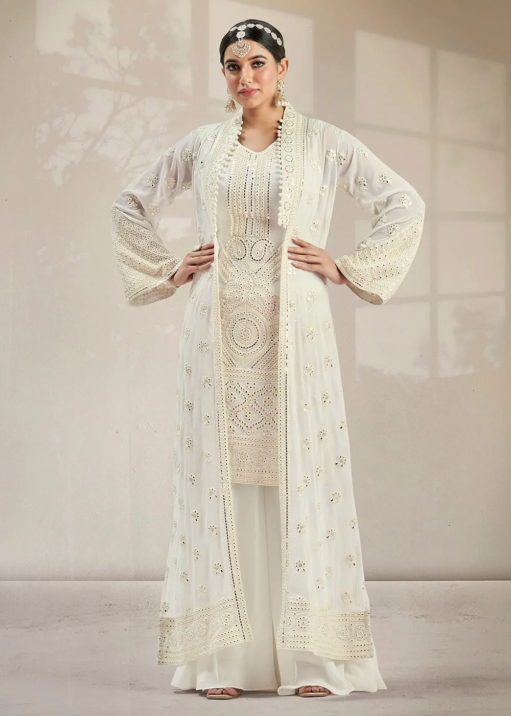 Excellent Party Style Malta White Jacket Style Palazzo Suit