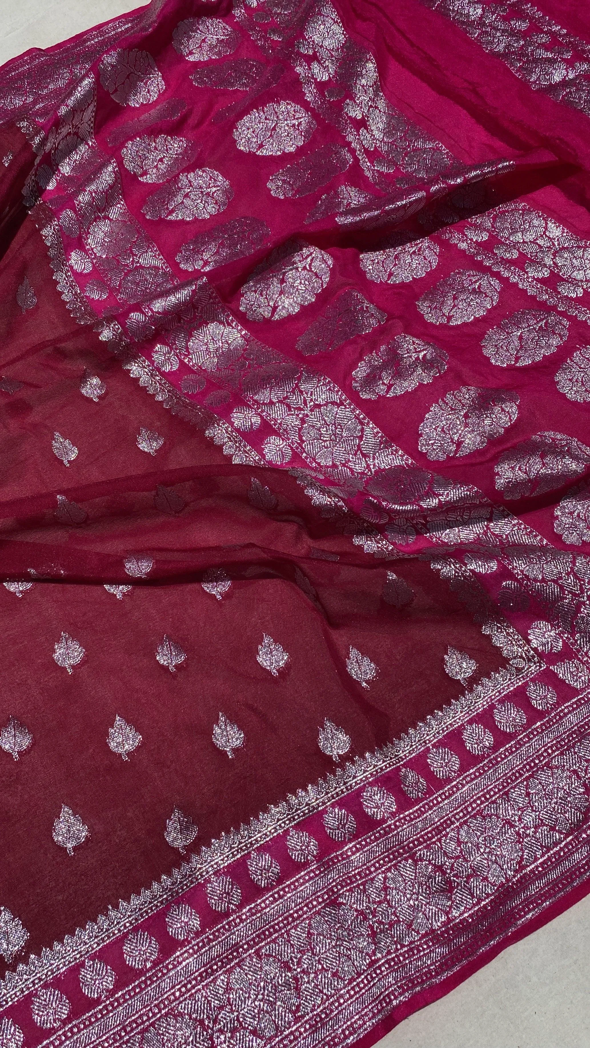 Exquisite and Timeless: Handwoven Wine Pure Chiffon Banarasi Saree