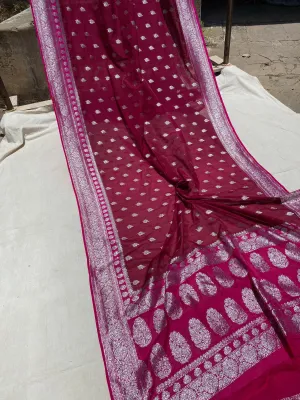Exquisite and Timeless: Handwoven Wine Pure Chiffon Banarasi Saree