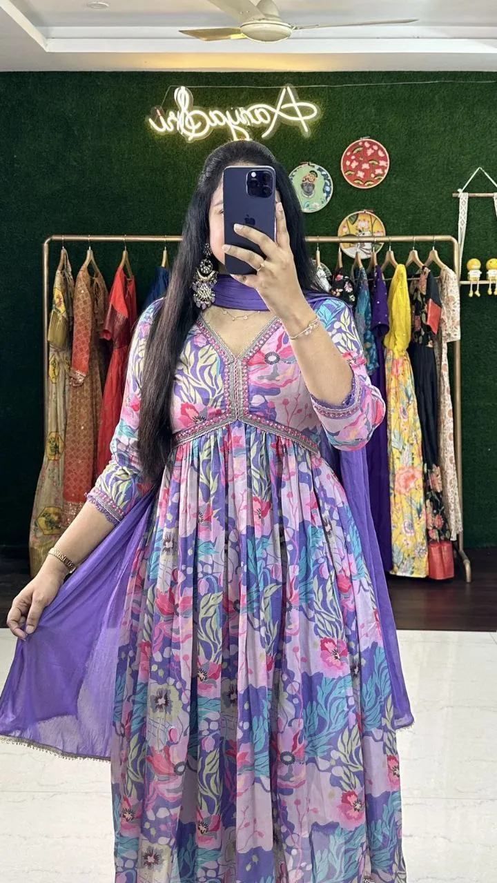 Exquisite Purple Hand-Embroidered Cotton Masleen Alia Cut Suit Set with Digital Shine Prints