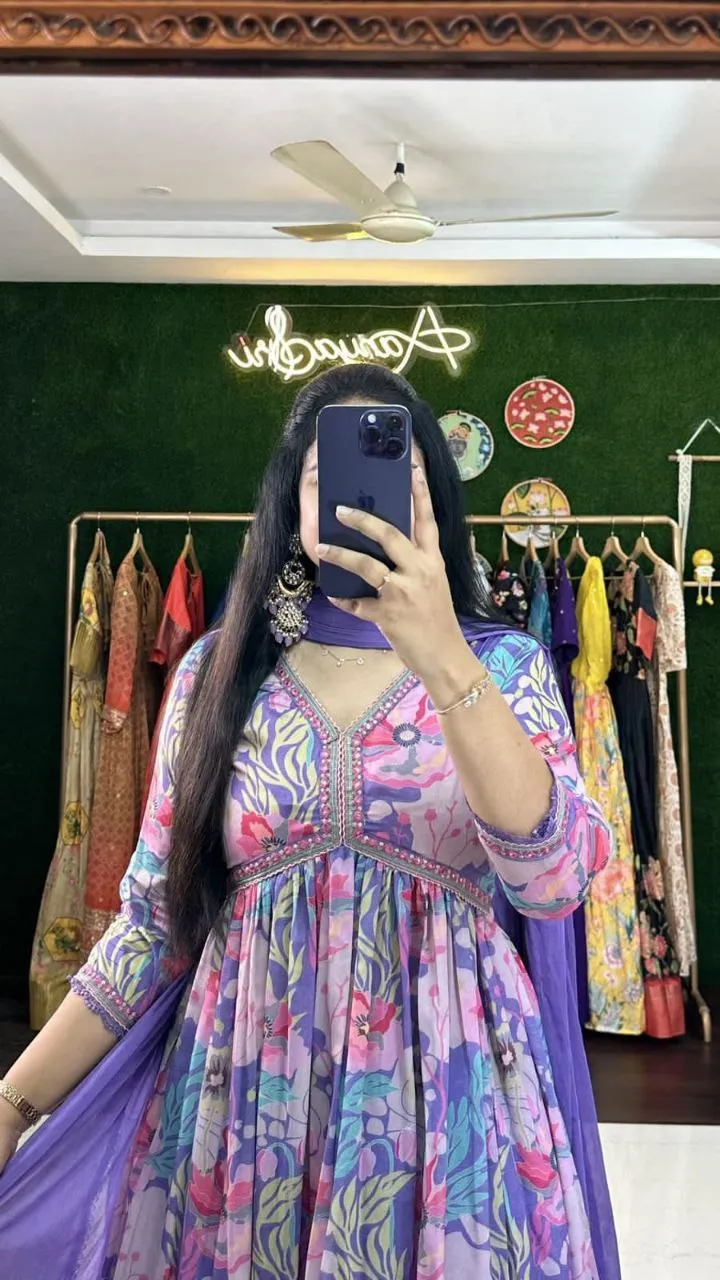 Exquisite Purple Hand-Embroidered Cotton Masleen Alia Cut Suit Set with Digital Shine Prints