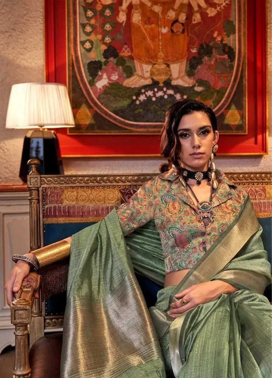 Extraordinary Chiffon Hand Weaved Pastel Green Classic Saree