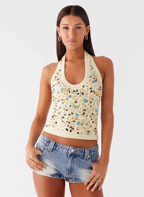 Eye Contact Sequin Halter Top - Yellow Contrast Stitch