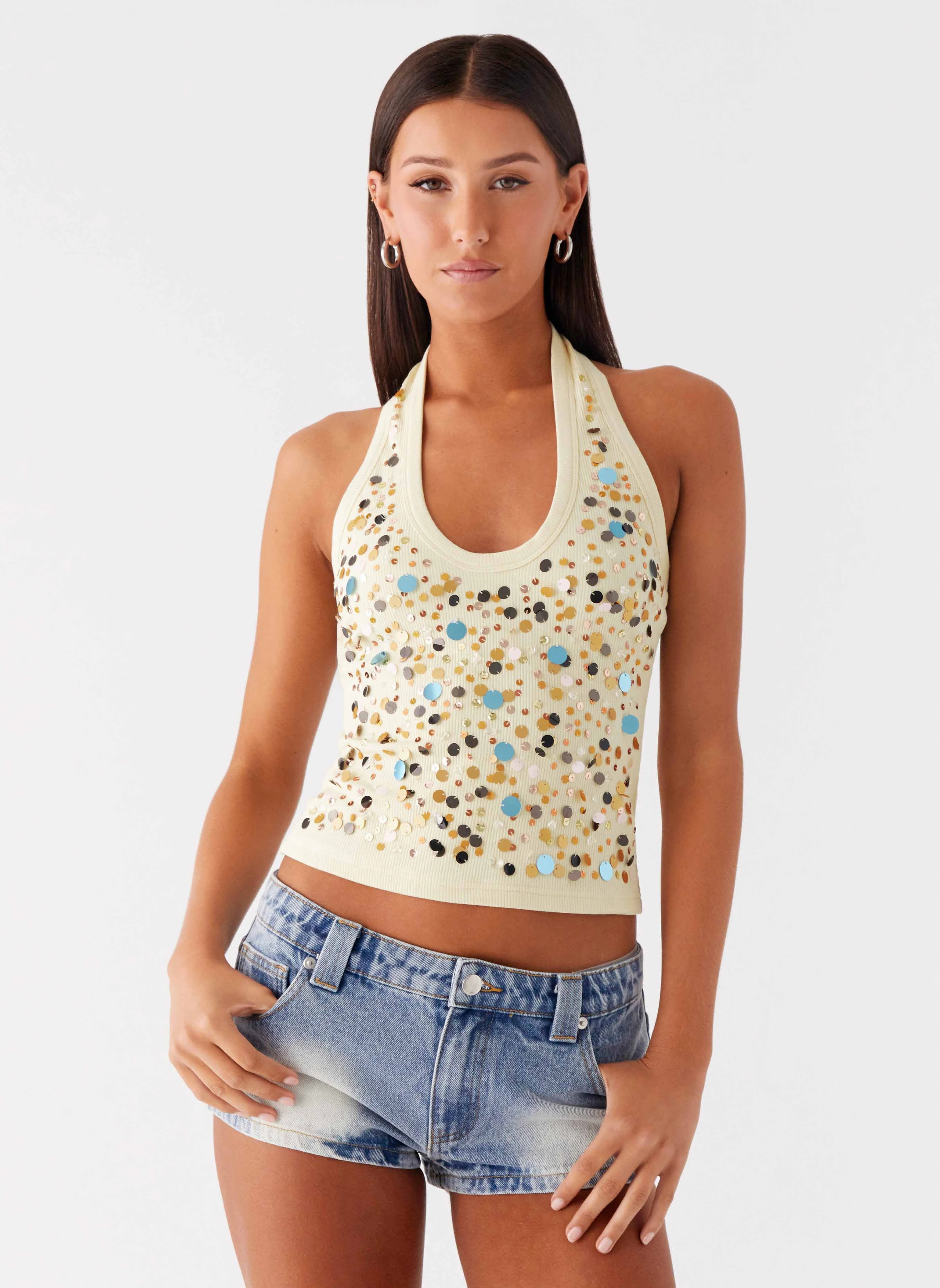 Eye Contact Sequin Halter Top - Yellow Contrast Stitch
