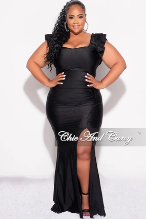 Stretchable Waistband Final Sale Plus Size Shiny Faux Wrap Gown with Slit and Ruffle Layer Sleeves in Black