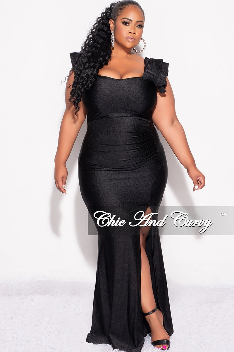 Final Sale Plus Size Shiny Faux Wrap Gown with Slit and Ruffle Layer Sleeves in Black Slim Fit Design