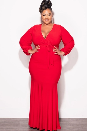 Final Sale Plus Size Mermaid Balloon Sleeve with Tie Gown in Red Comfortable Design Cozy Fit