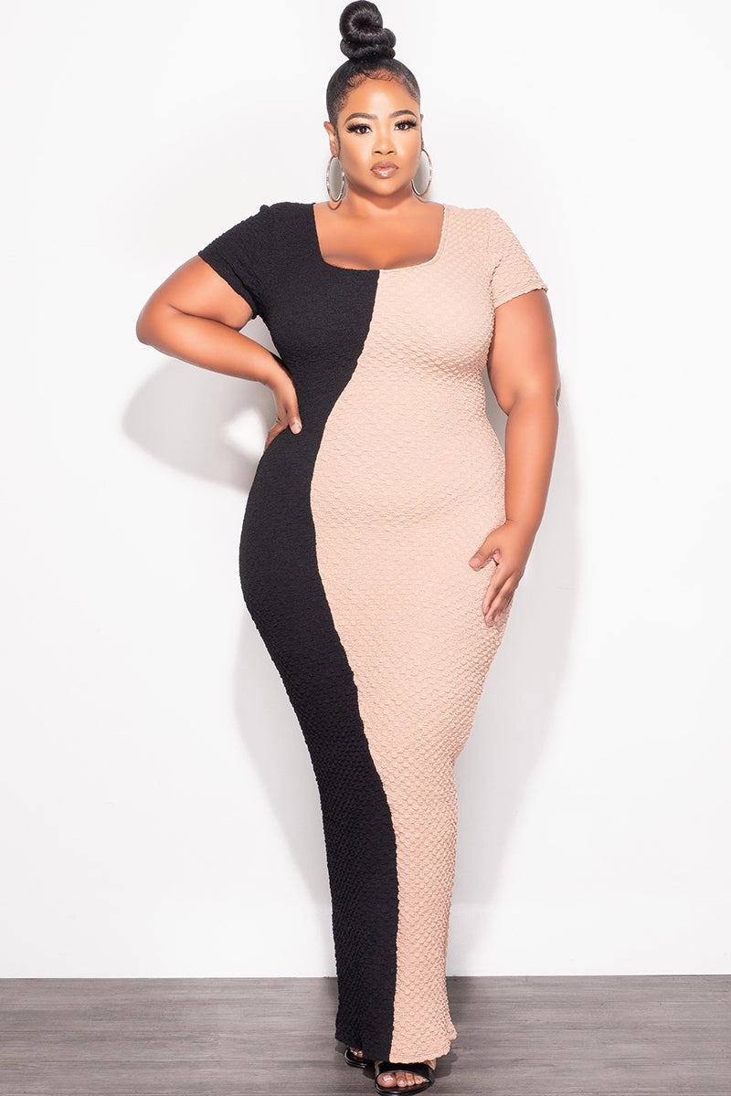 Outdoor Flex Final Sale Plus Size BodyCon Midi Dress in Black & Taupe