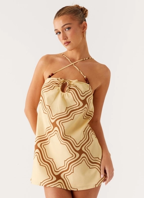 Naomi Criss Cross Mini Dress - Tidal Wave Print Solid-color Lightweight-Lining