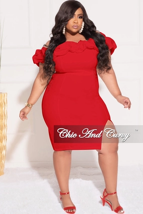 PreShrunkFabric Final Sale Plus Size Off the Shoulder Ruffle BodyCon Dress with Side Slit in Red