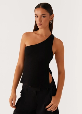 Double Stitched Hems WrinkleFree Structure Safiya One Shoulder Top - Black
