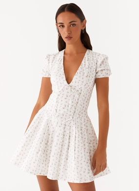 Falling Water Mini Dress - White Floral Versatile Comfort