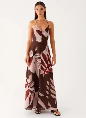 Autumn Linen Maxi Dress - Cinnamon Palm Walk Mood
