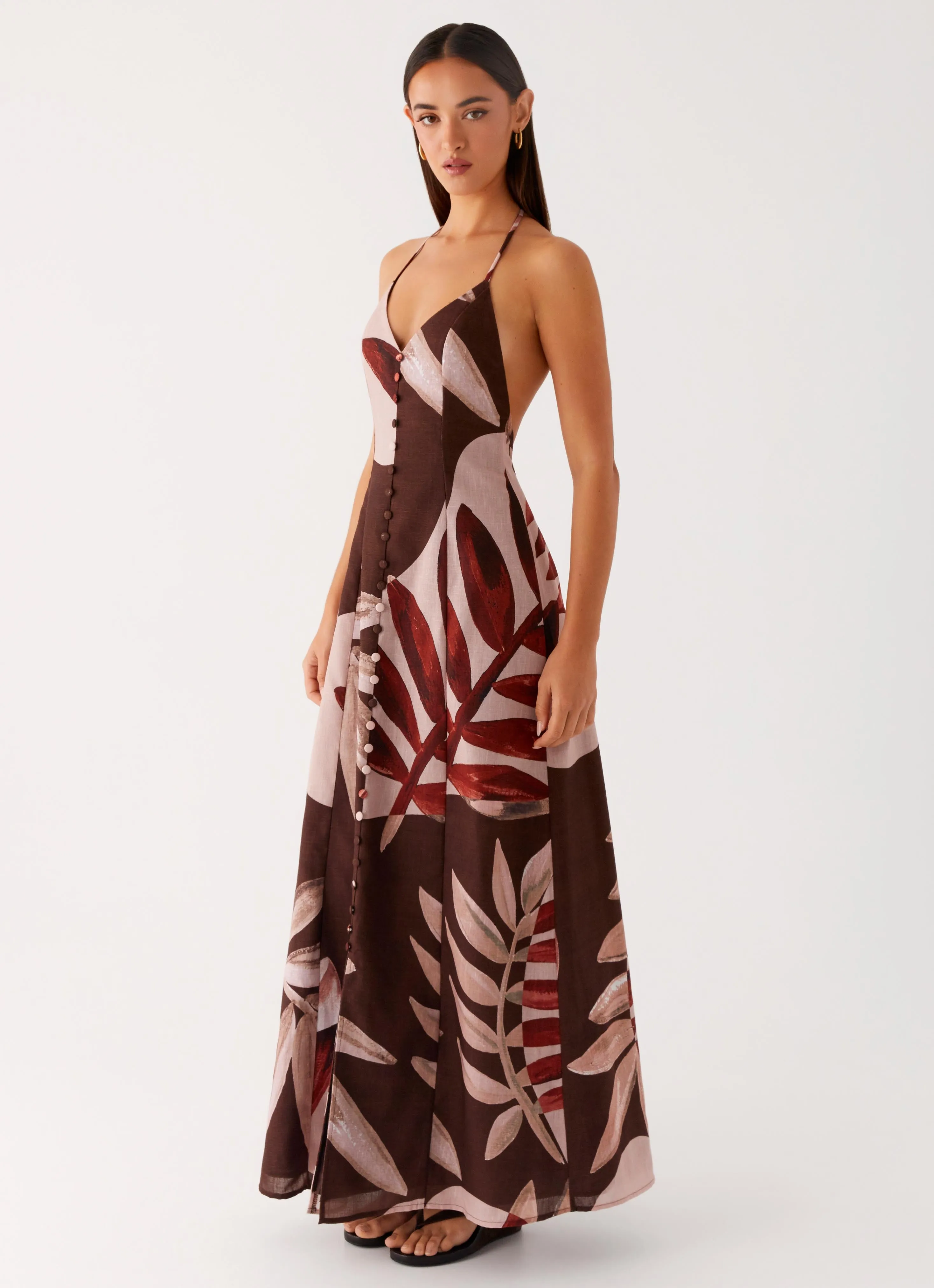 Smooth Line Relaxed Comfort Look Autumn Linen Maxi Dress - Cinnamon Palm