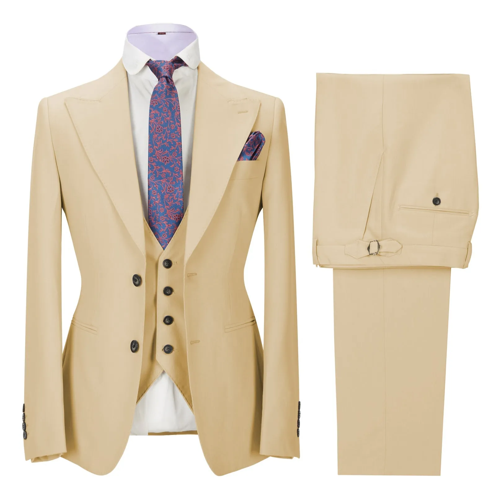 Fashion Men's 3 Pieces Mens Suit Peak Lapel Solid Tuxedos (Blazer vest Pants)