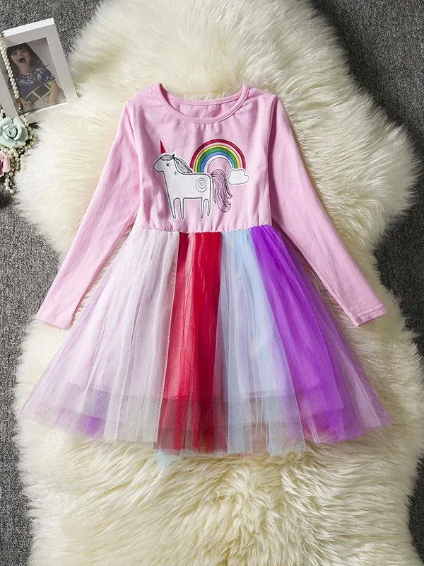 Fashion Unicorn Pattern Long Sleeve Tulle Princess Dress Halloween Party Dress