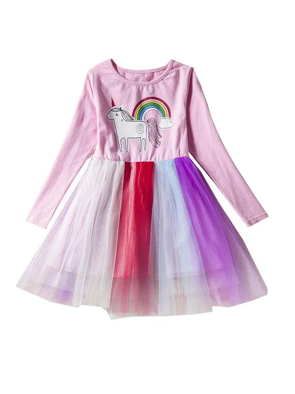 Fashion Unicorn Pattern Long Sleeve Tulle Princess Dress Halloween Party Dress