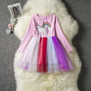 Fashion Unicorn Pattern Long Sleeve Tulle Princess Dress Halloween Party Dress