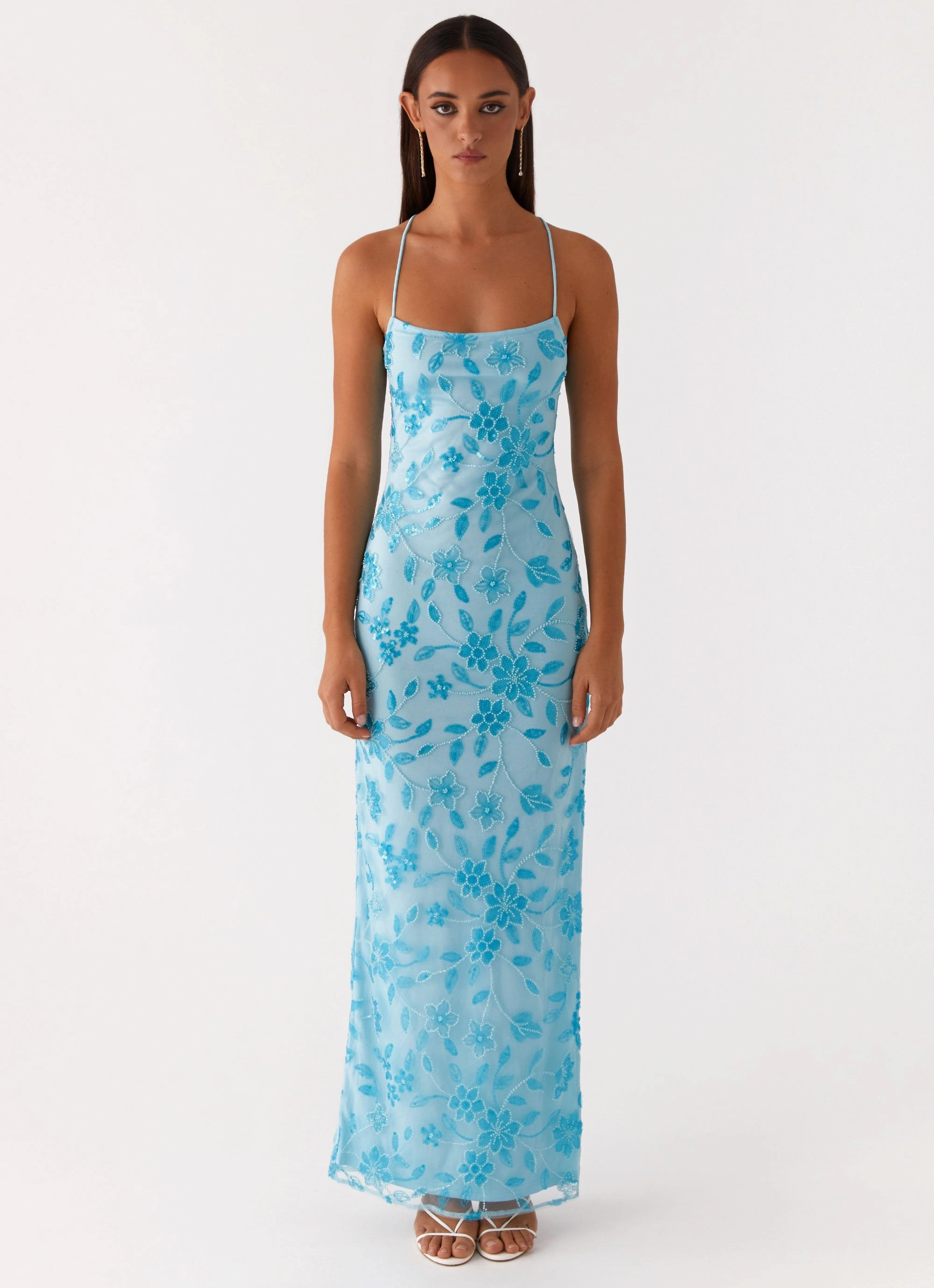 Fitted Neat Bright Lights Beaded Maxi Dress - Blue