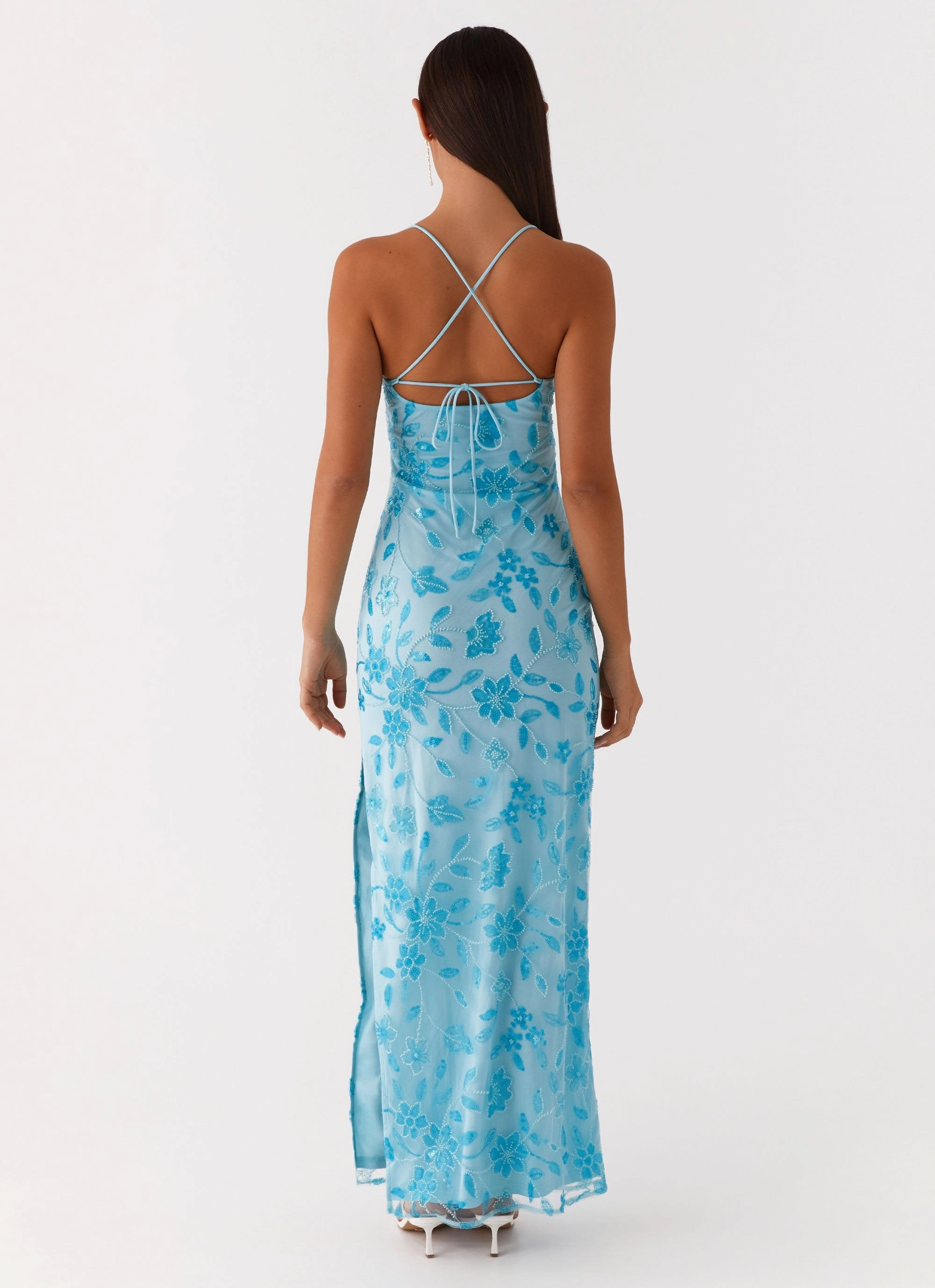 Bright Lights Beaded Maxi Dress - Blue Feminine full-length gown