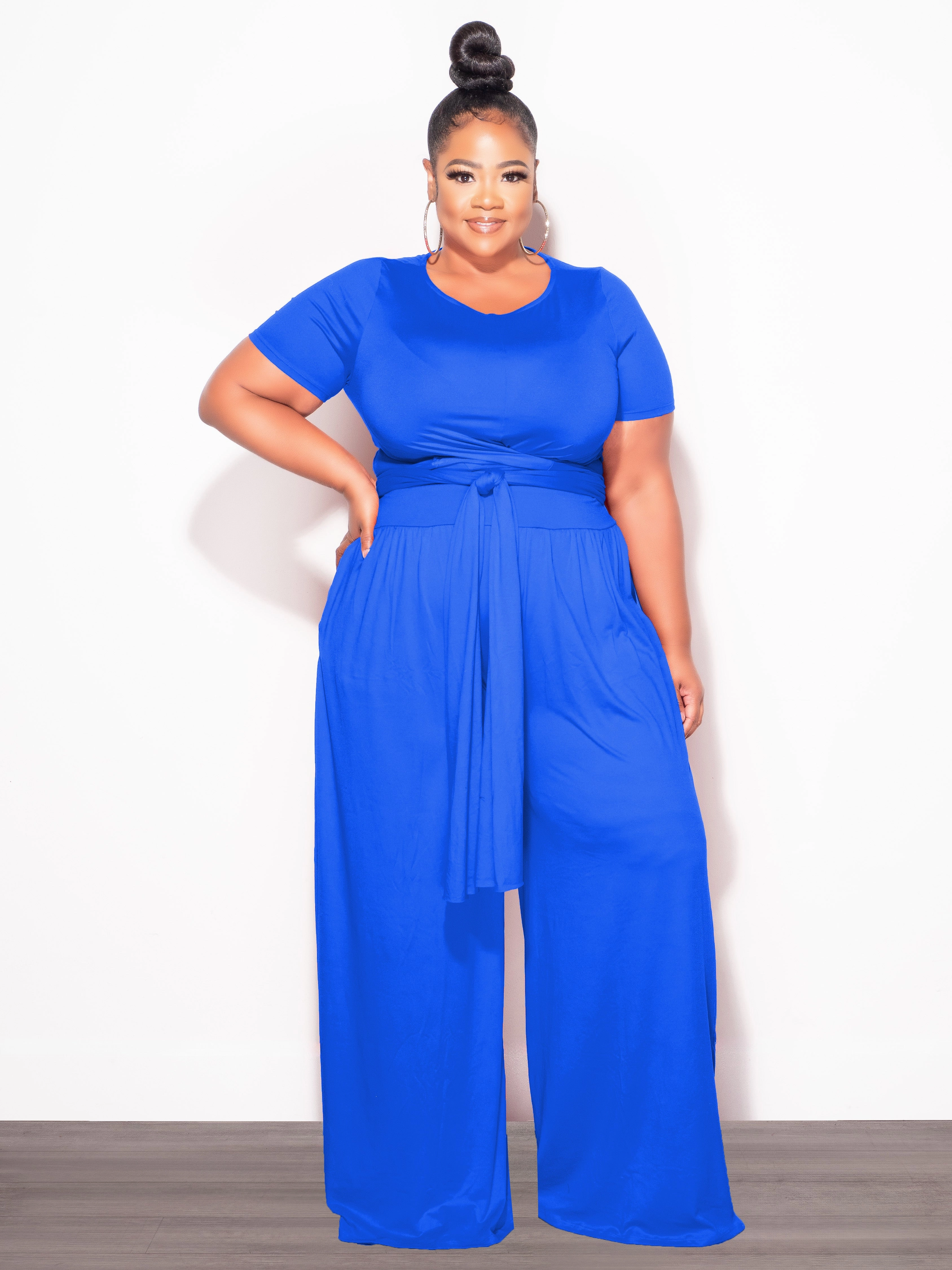 Final Sale Plus Size 2pc Short Sleeve Tie Top and Pants Set in Royal Blue Casual Flex