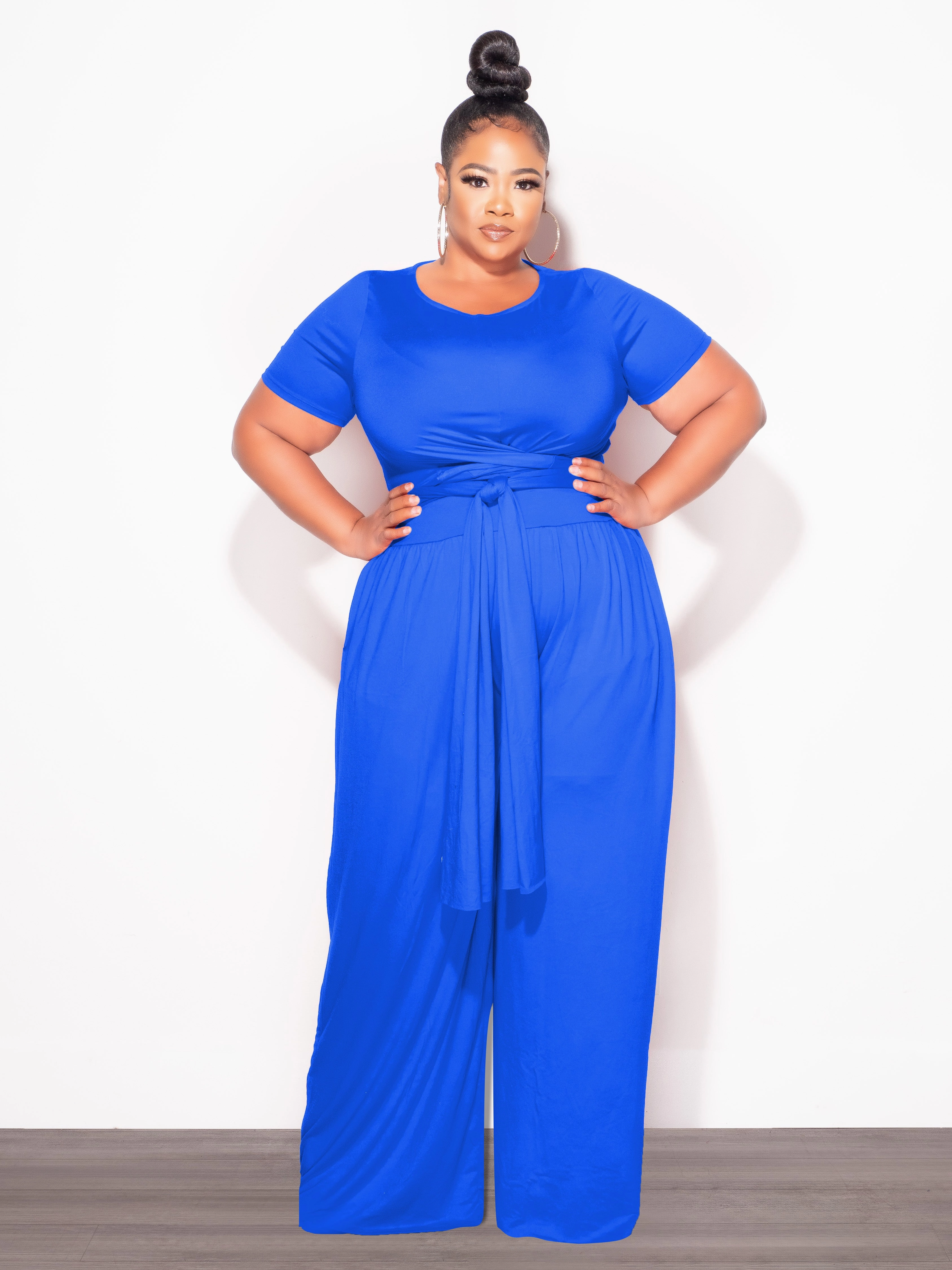 TaglessDesign Final Sale Plus Size 2pc Short Sleeve Tie Top and Pants Set in Royal Blue