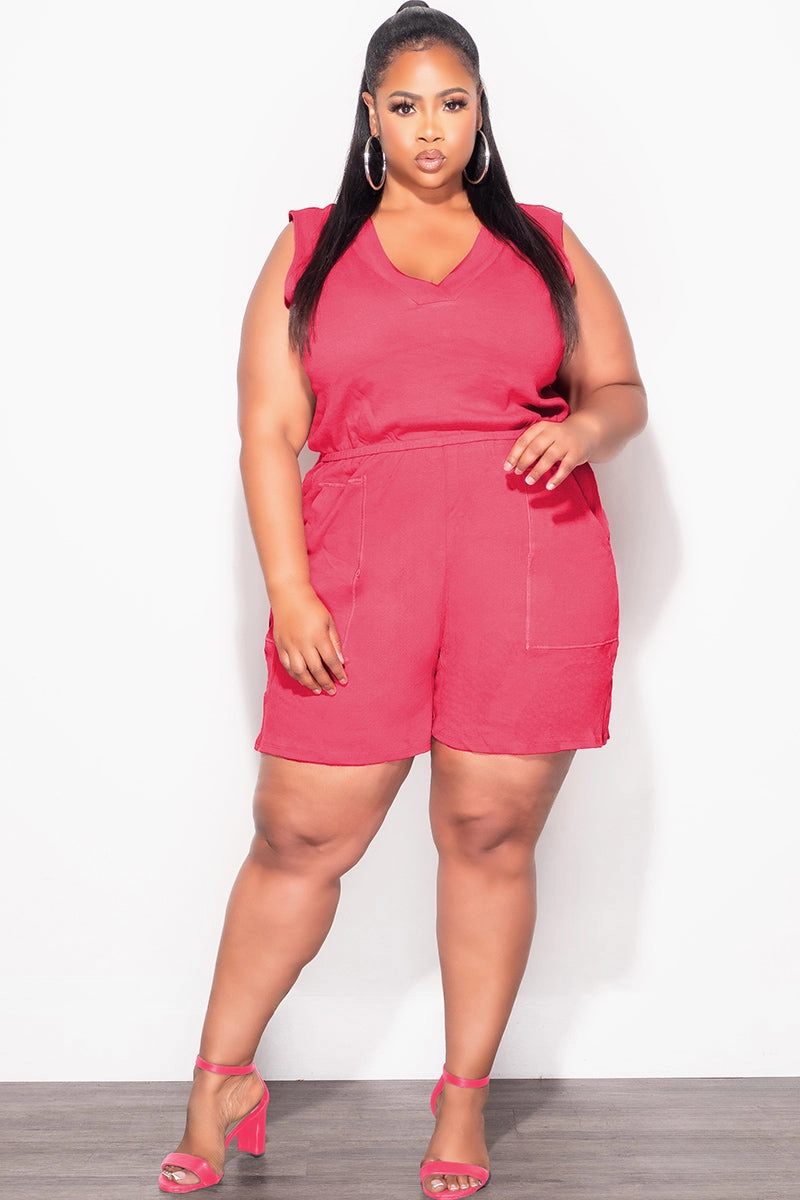 Final Sale Plus Size Sleeveless French Terry V Neck Romper in Rose Pink Professional Wear