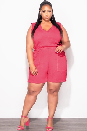 Final Sale Plus Size Sleeveless French Terry V Neck Romper in Rose Pink Professional Wear
