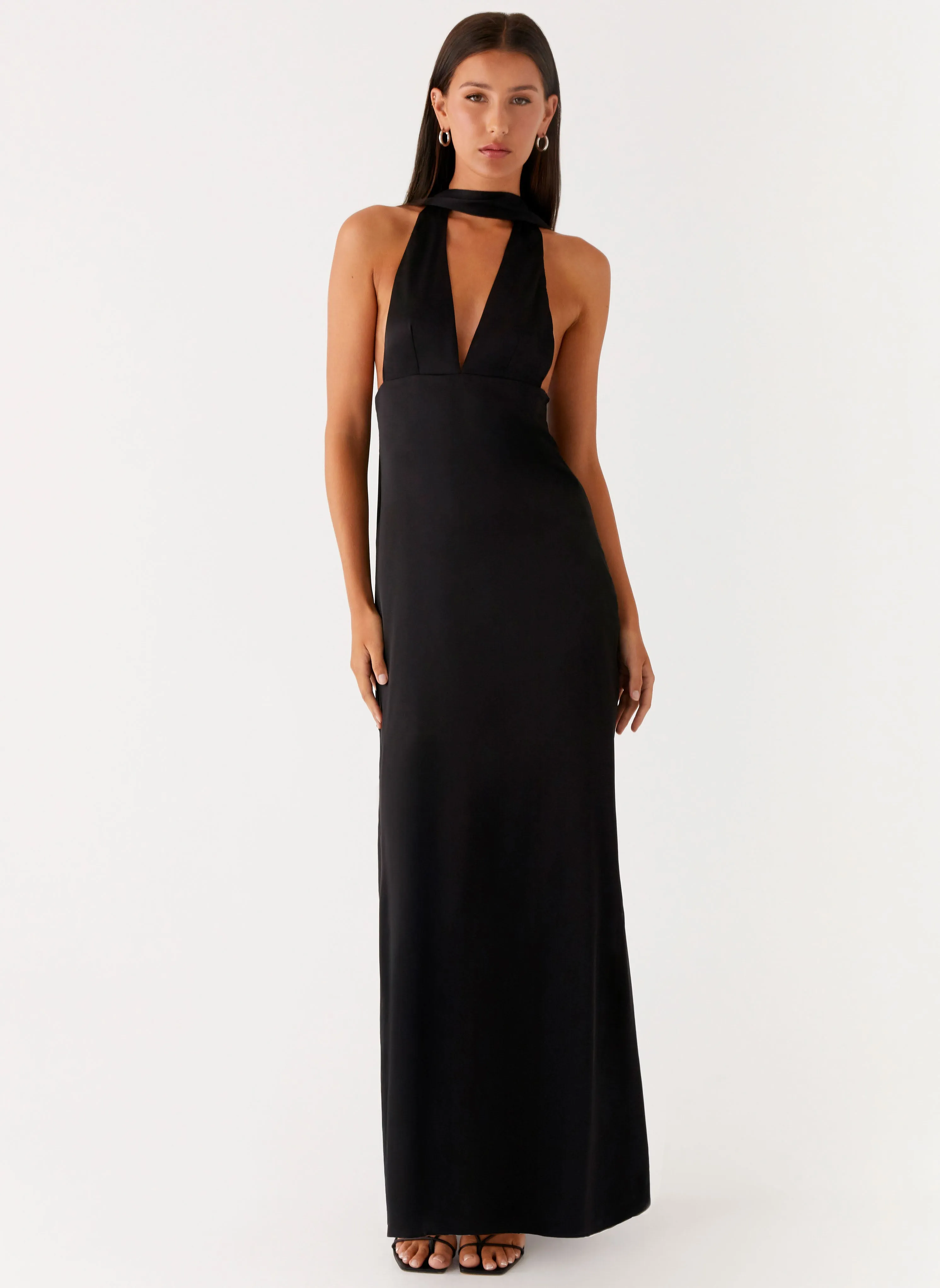 Jewel-Tone Trendy Design Alicia Satin Halter Maxi Dress - Black