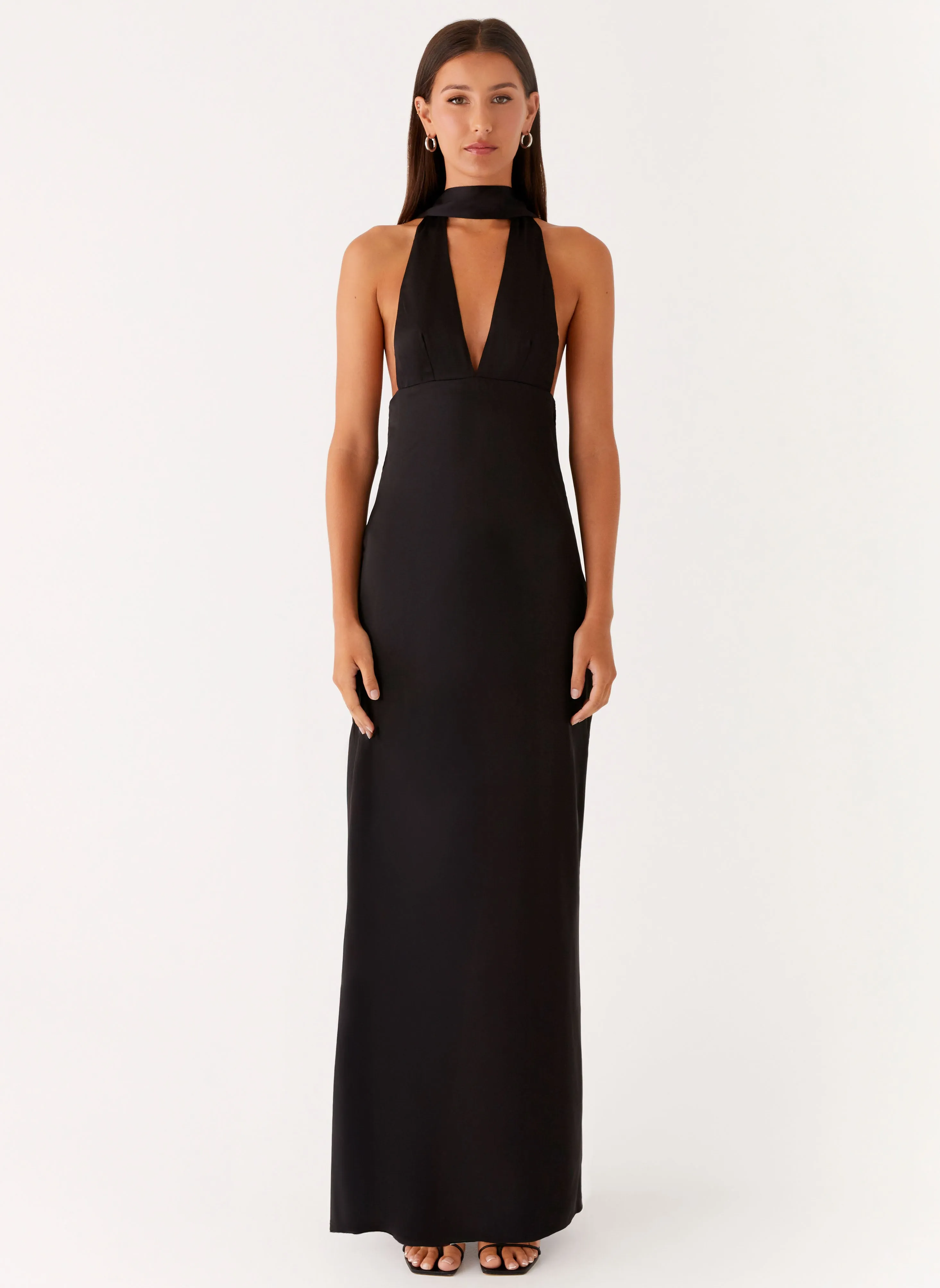 Feminine Design Essential Layer Alicia Satin Halter Maxi Dress - Black