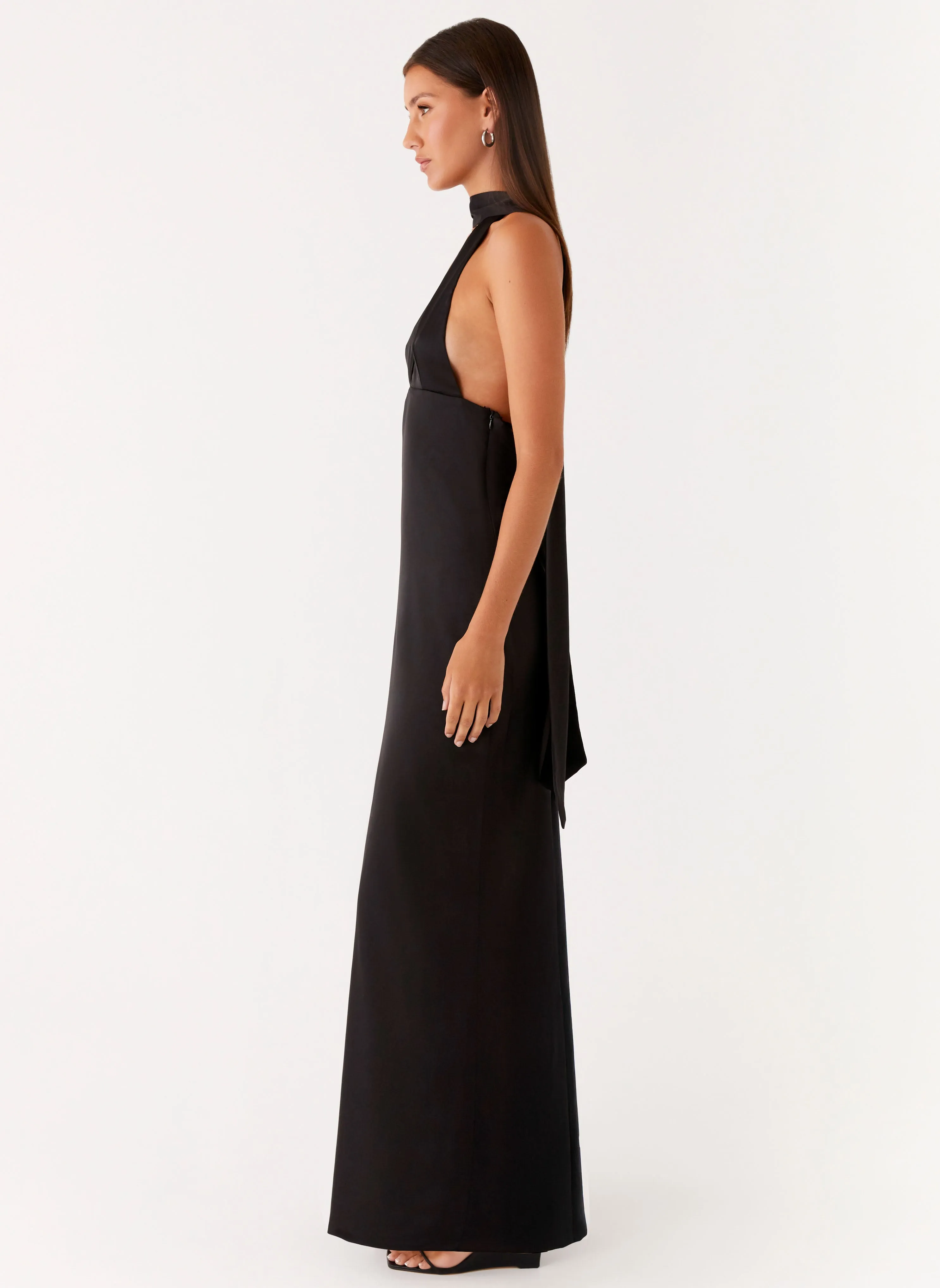 Japan Line Draped-Style Alicia Satin Halter Maxi Dress - Black