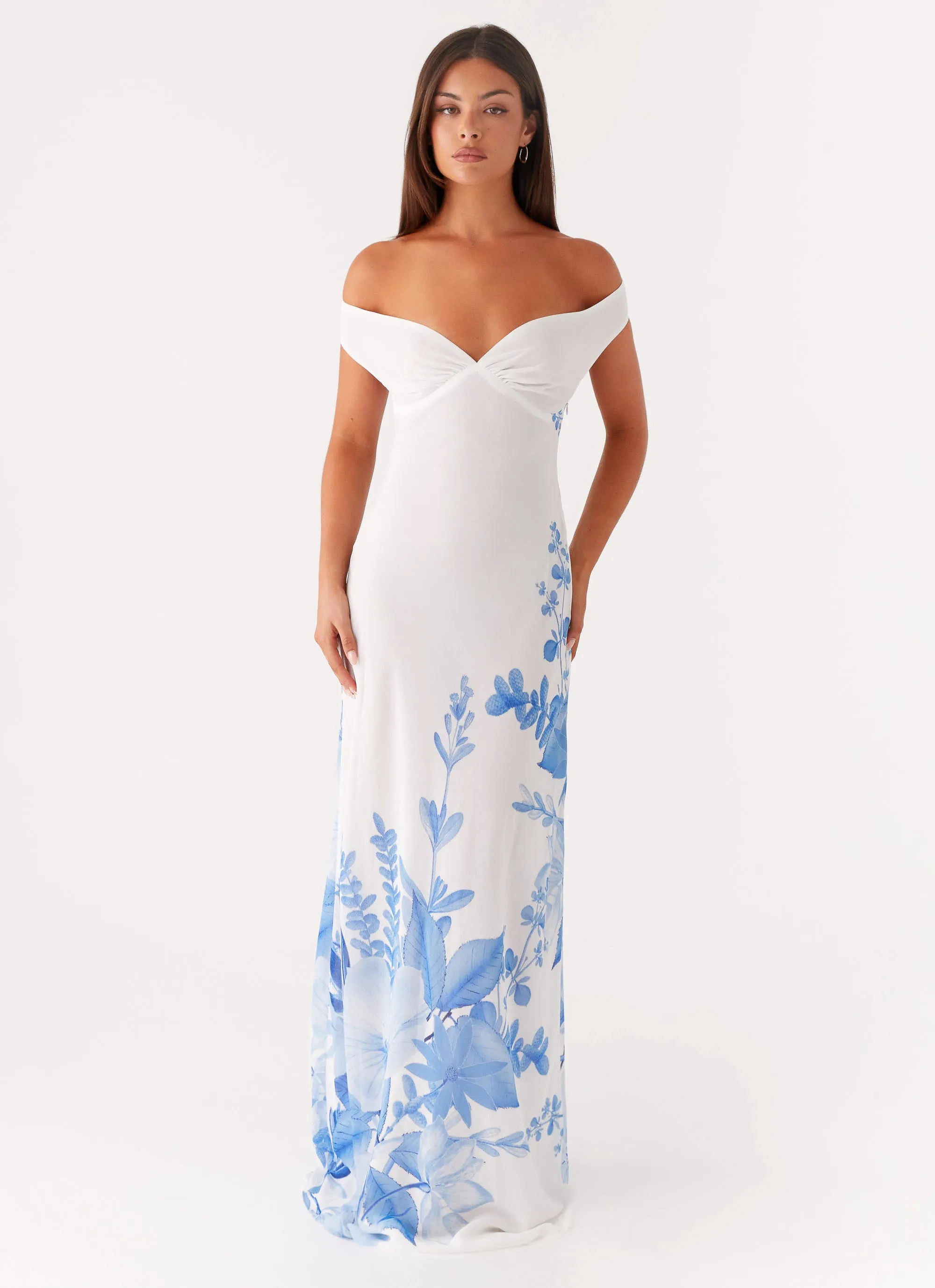 Krissa Maxi Dress - Blue Floral Statement-Print Chain-Detail