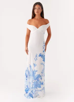 Krissa Maxi Dress - Blue Floral Statement-Print Chain-Detail