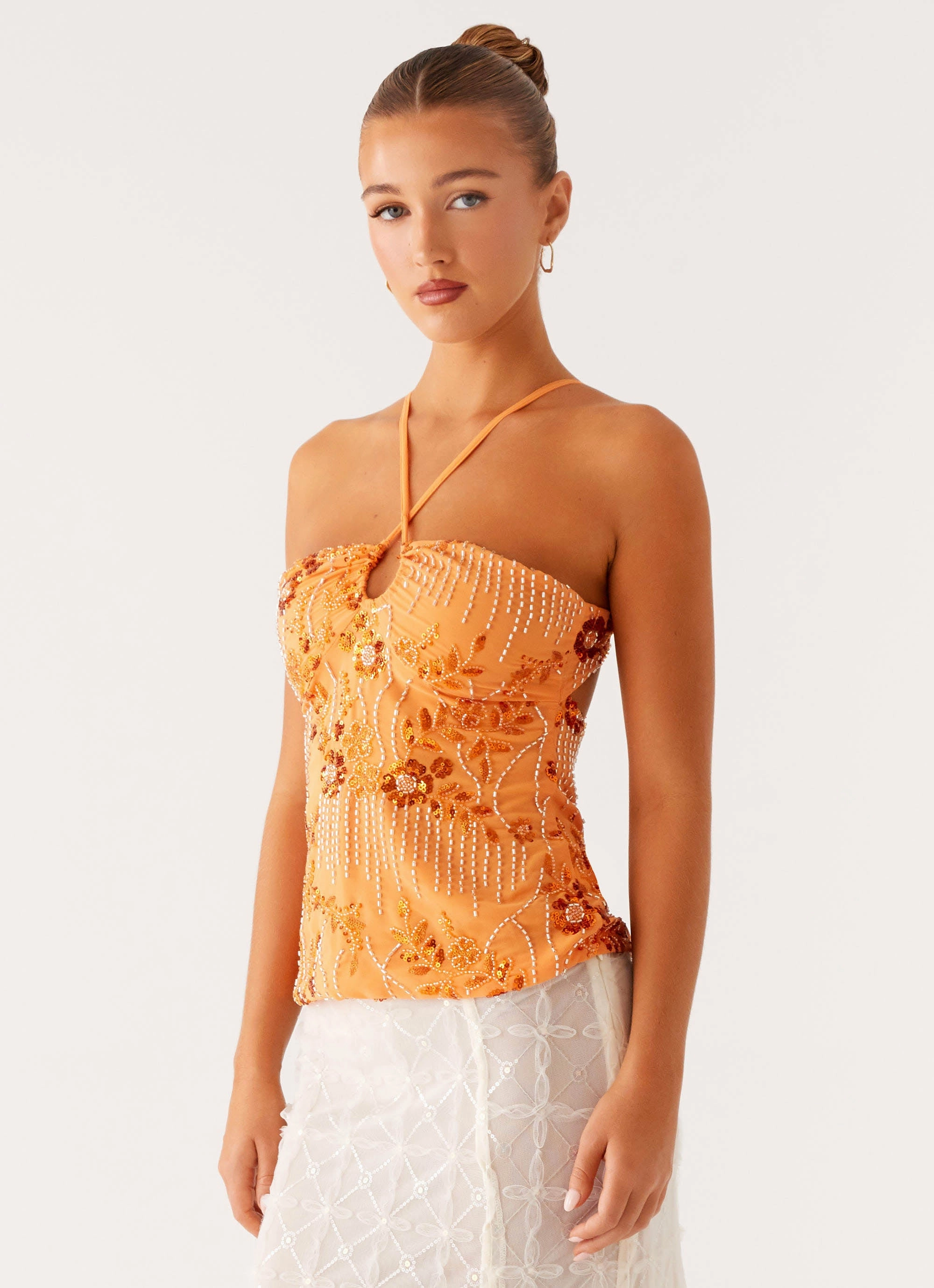 Catalina Sequin Top - Orange Ribbed Hemline