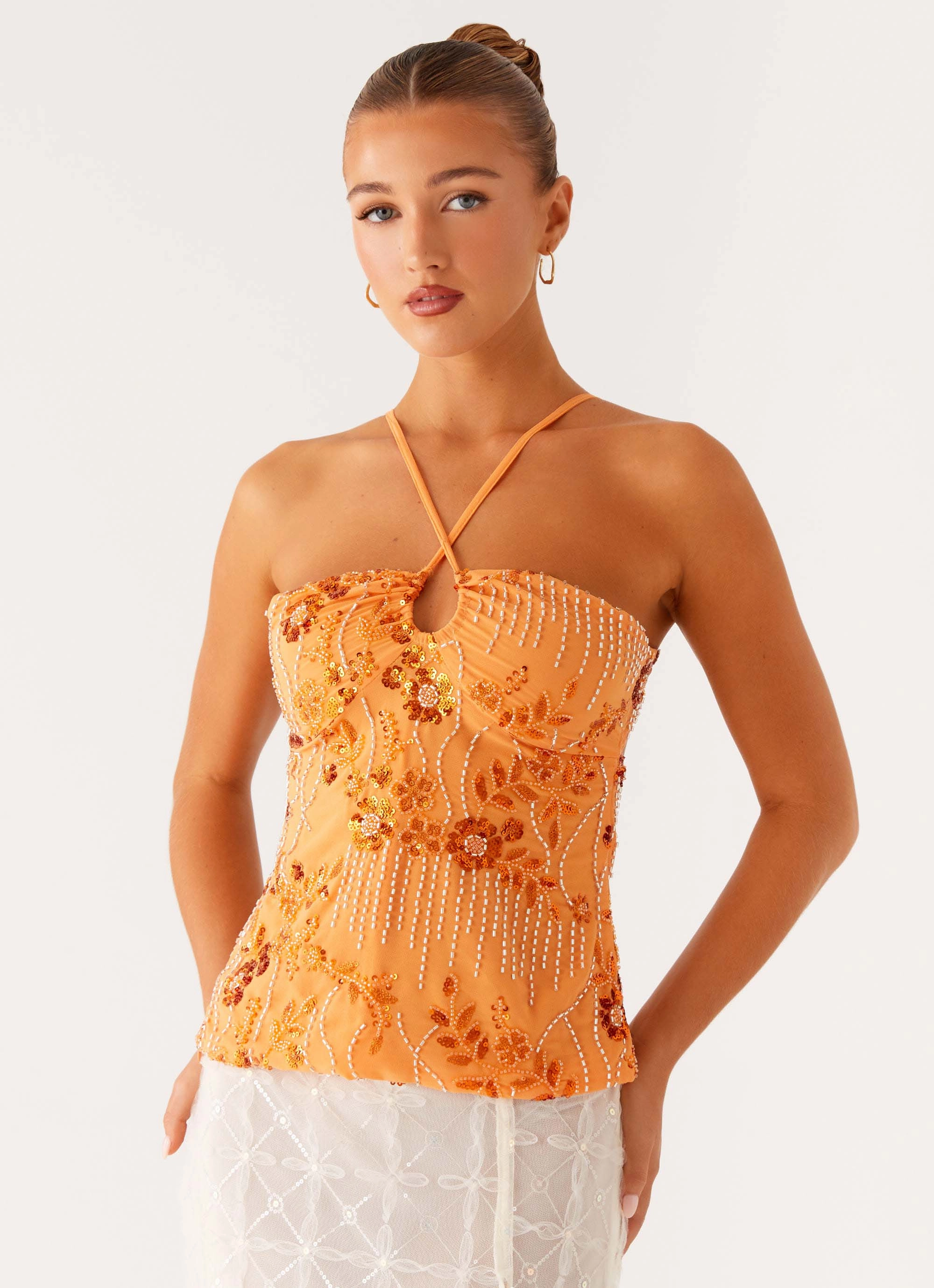 Catalina Sequin Top - Orange WrinkleFree Weaving