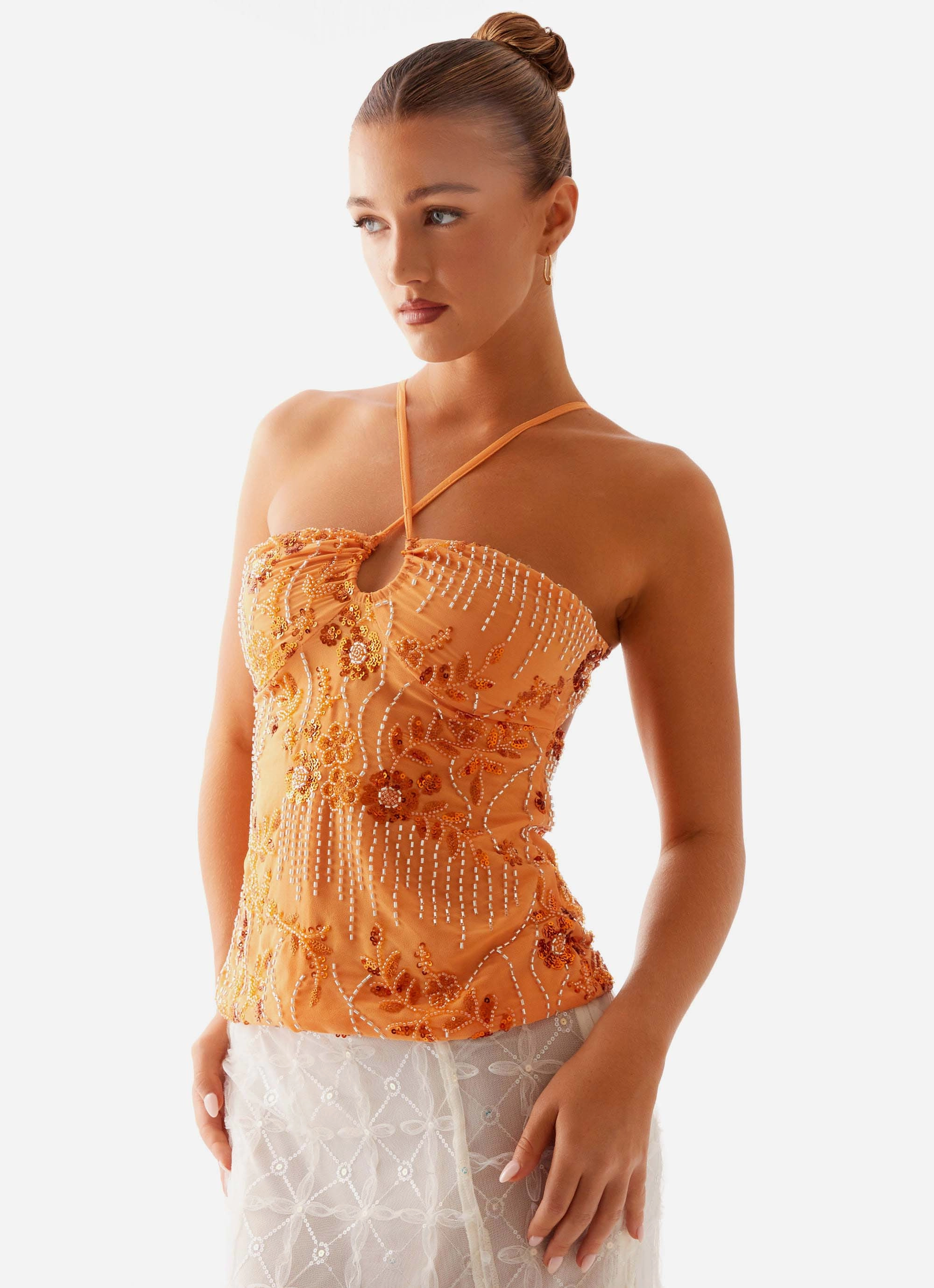 Catalina Sequin Top - Orange Ventilated Mesh Panels