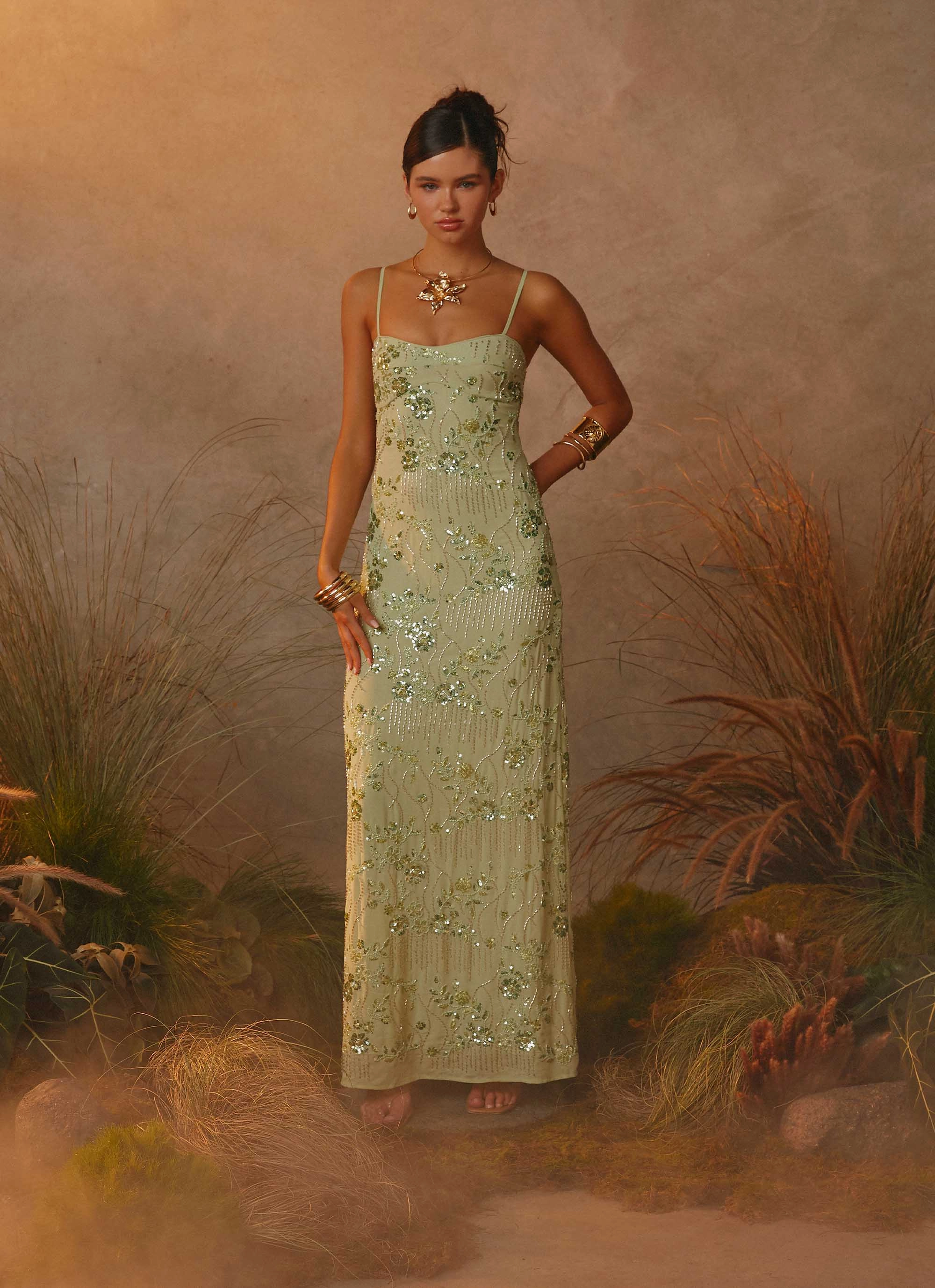 Clean Structure Celandine Beaded Maxi Dress - Lime