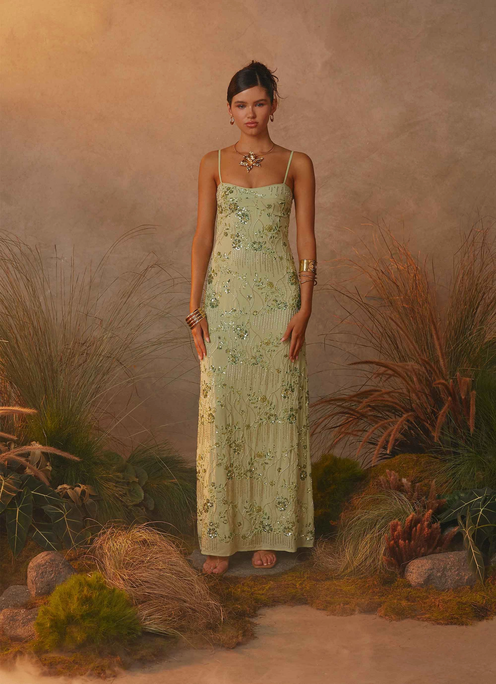 Fall Style Celandine Beaded Maxi Dress - Lime