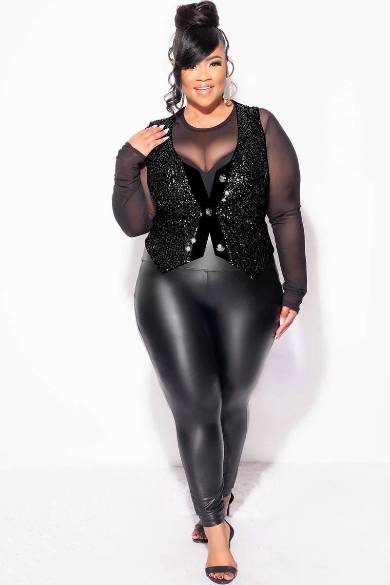 Final Sale Plus Size Sequin Sleeveless Button Up Crop Vest in Black (Vest Only) Reinforced Shoulder Panels Zero Waste Cut Pattern