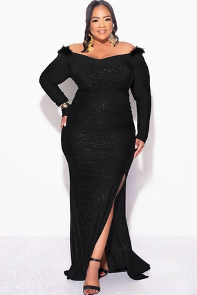 Final Sale Plus Size Shimmer Ruched Maxi Dress with Feather Trim in Black ReinforcedHems