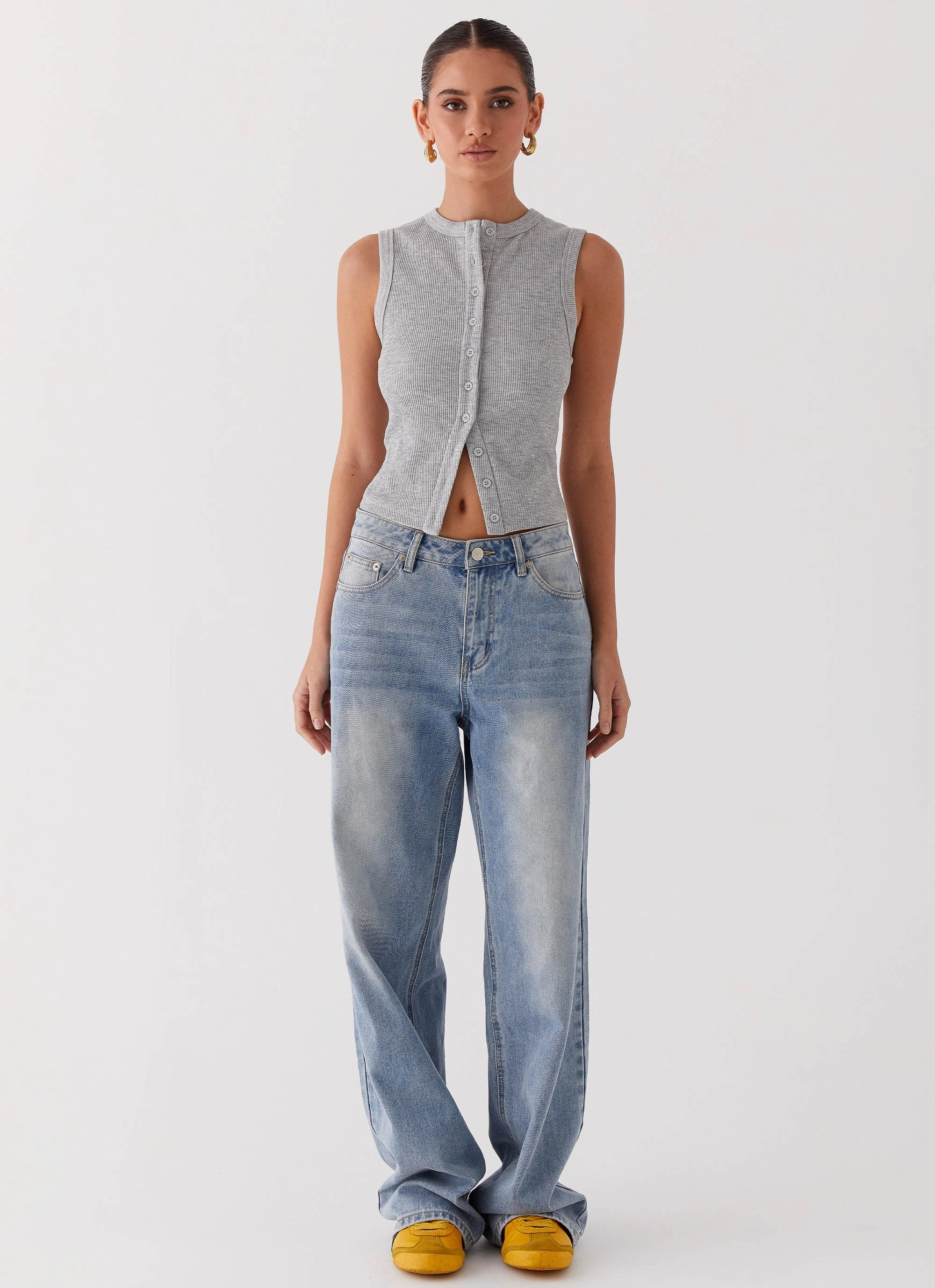 Blair Buttoned Tank Top - Grey Marle Adjustable Cuff