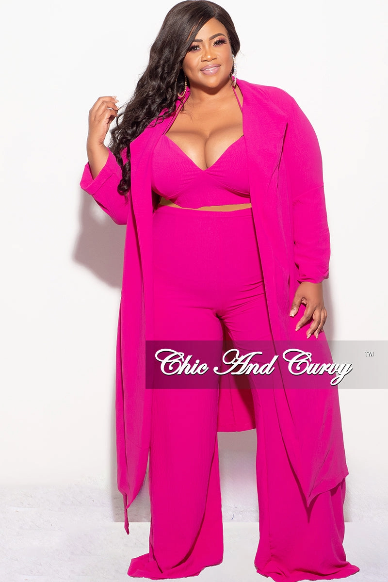 Final Sale Plus Size 3pc (Duster, Crop Self Tie Top & Pants) Set in Fuchsia No Ride Fit