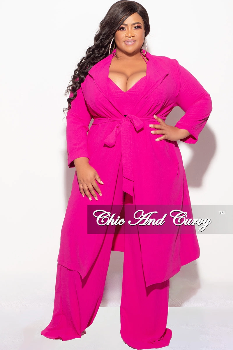 Final Sale Plus Size 3pc (Duster, Crop Self Tie Top & Pants) Set in Fuchsia Feminine Fit
