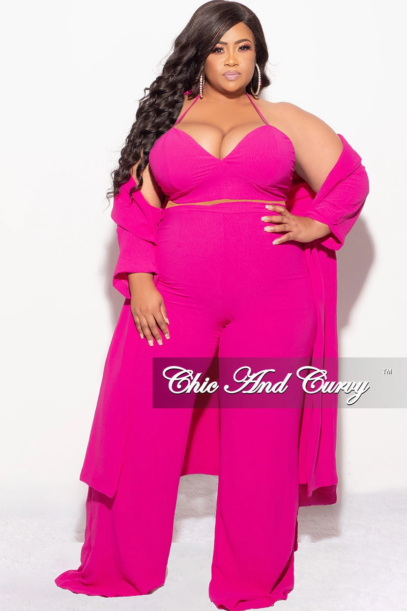 Comfort Wearable Final Sale Plus Size 3pc (Duster, Crop Self Tie Top & Pants) Set in Fuchsia