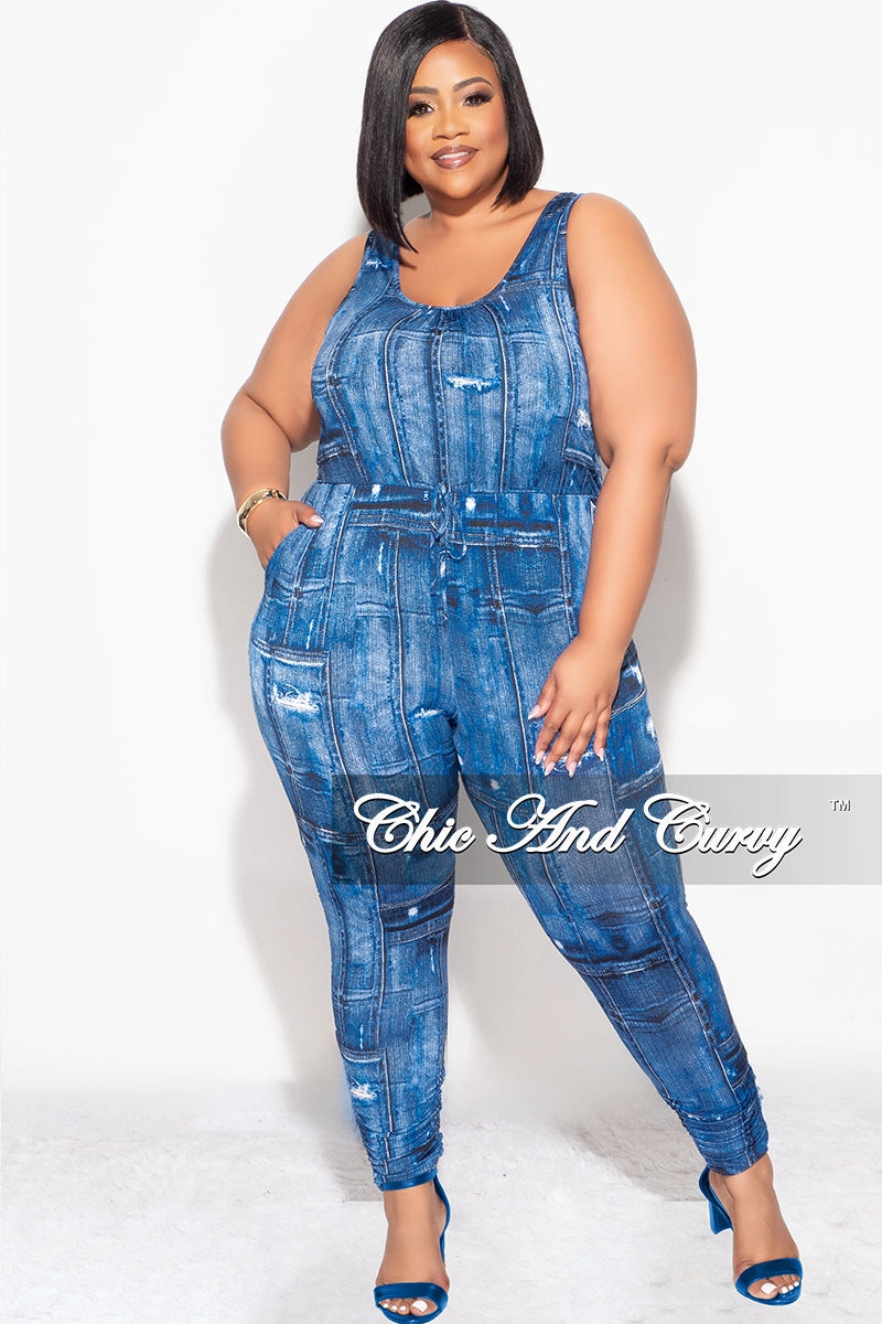 Breathable Base Final Sale Plus Size Drawstring Keyhole Jumpsuit in Denim Print