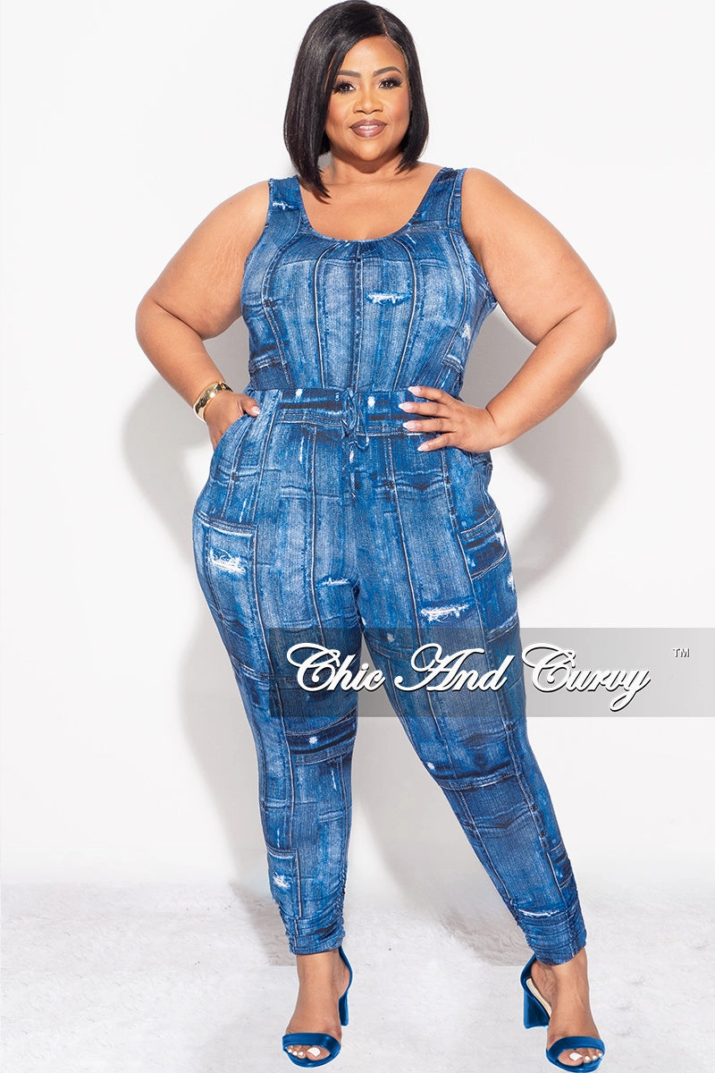 Soft Material Final Sale Plus Size Drawstring Keyhole Jumpsuit in Denim Print