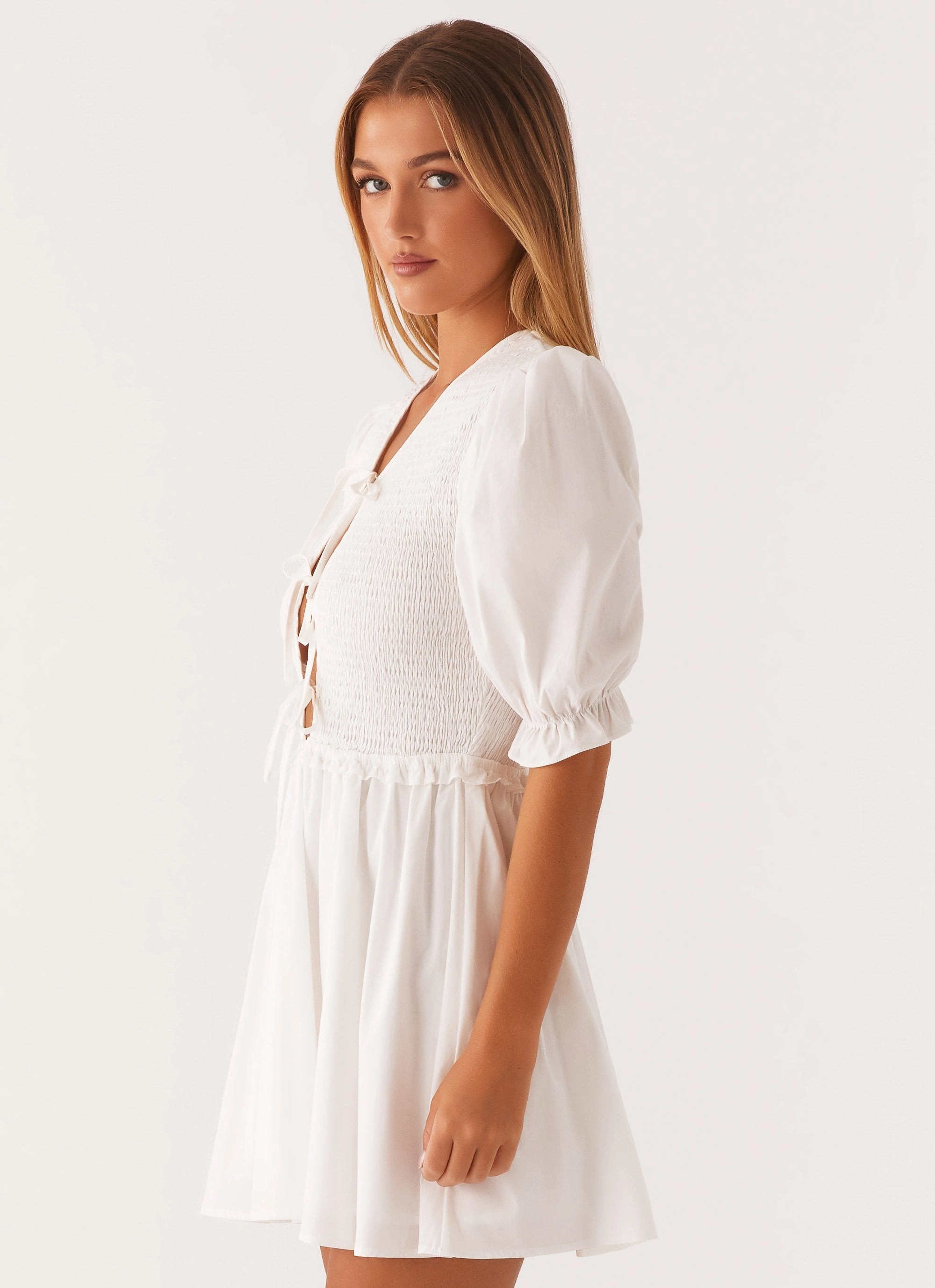 Milana Shirred Puff Sleeve Mini Dress - White Sleeveless Cut All Daywear