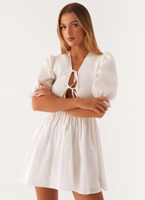 Crinkle Effect Milana Shirred Puff Sleeve Mini Dress - White